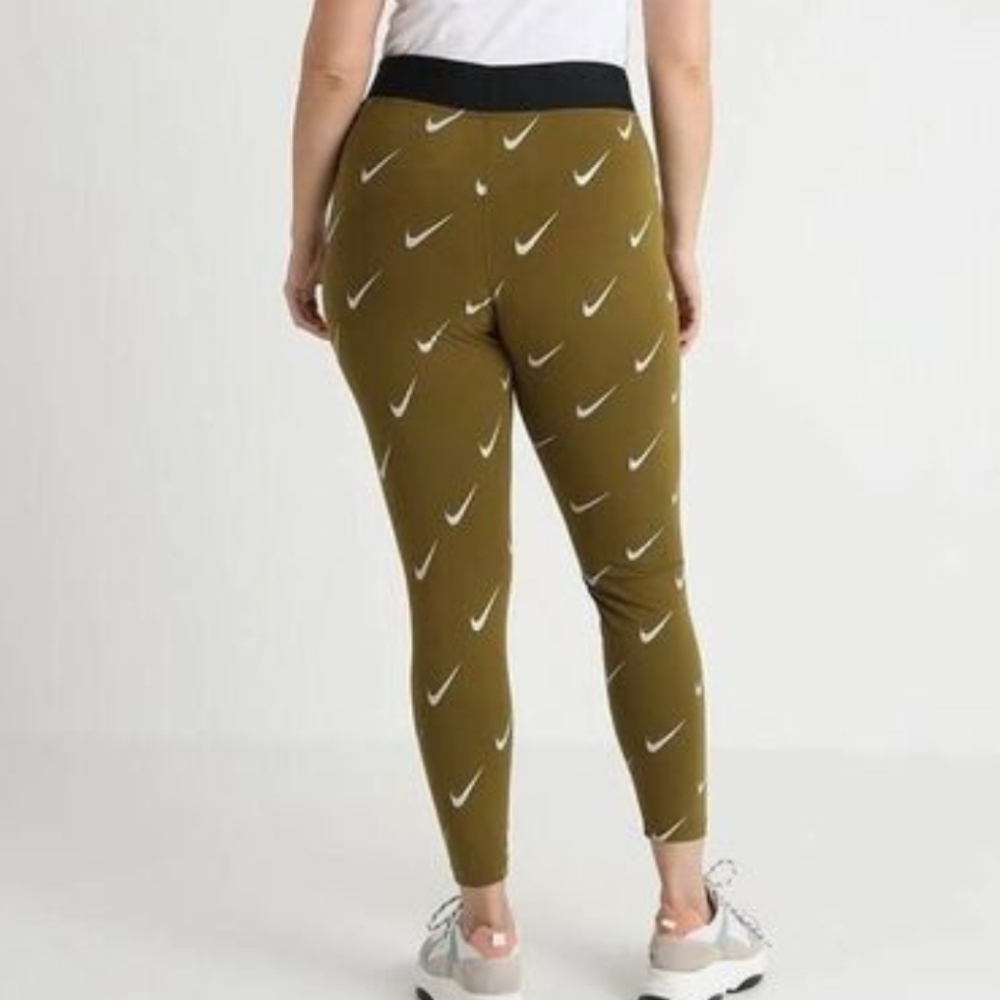 Nike Leg-A-See Allover Olive Green Leggings with White Swoosh Print - Picture 2 of 8